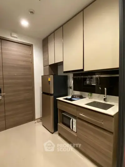Modern compact kitchen with sleek cabinetry and stainless steel appliances in a stylish apartment.