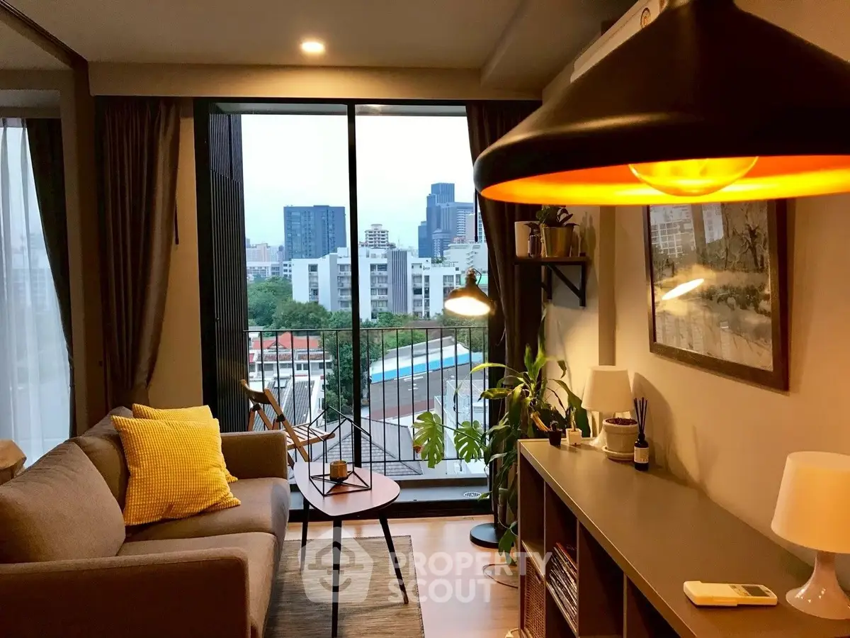 Stylish living room with city view and modern decor in urban apartment