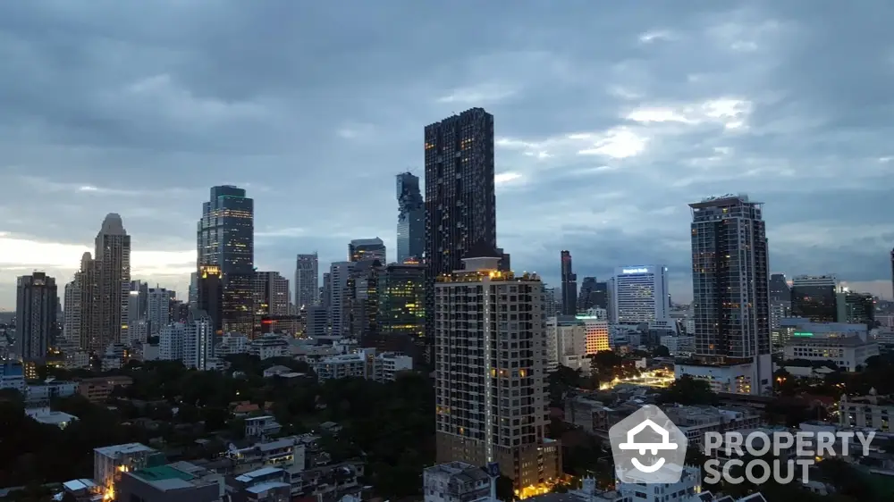 Stunning city skyline view with modern skyscrapers at dusk