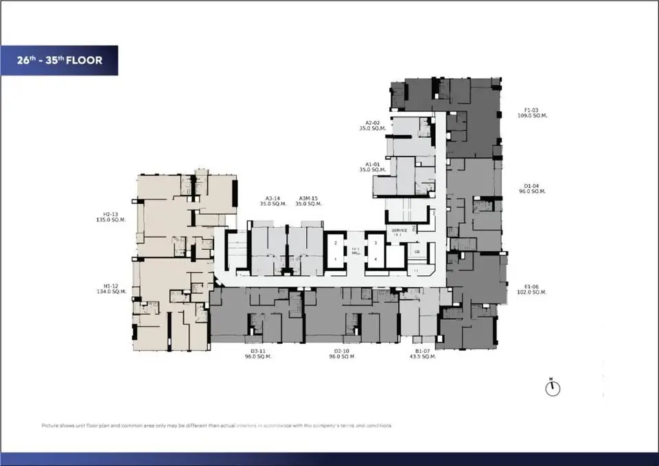 Floor plan layout for 26th to 35th floors, showcasing apartment units and common areas.
