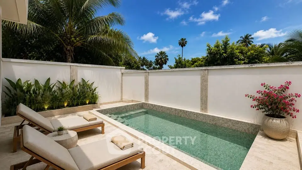 Luxurious private pool area with sun loungers and tropical landscaping, perfect for relaxation.