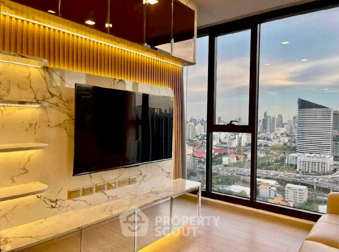 Luxurious living room with stunning city view and modern decor