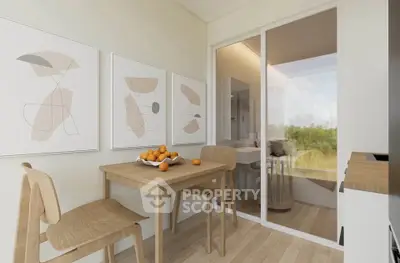 Modern kitchen with wooden dining set and abstract art, featuring a scenic view.