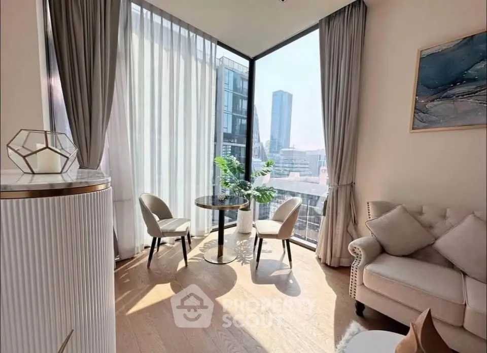 Luxurious corner unit living room with floor-to-ceiling windows and stunning city view.