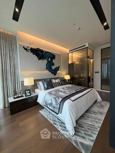 Luxurious modern bedroom with elegant decor and ambient lighting