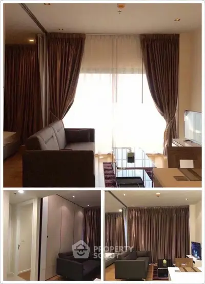 Spacious living room with elegant curtains and modern furniture in a stylish apartment.