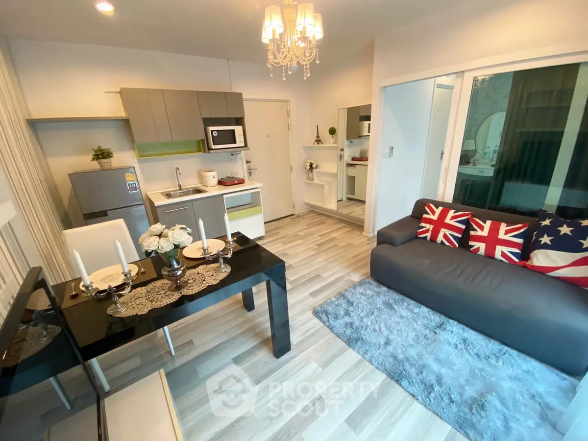 Modern open-plan living room with stylish kitchen and cozy decor