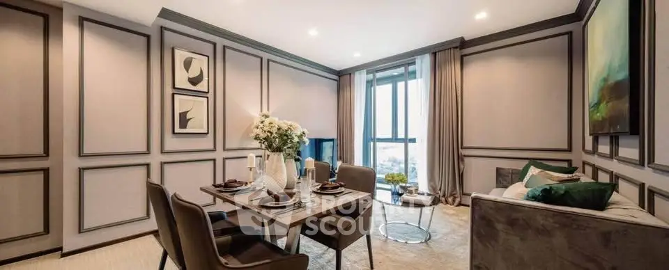 Elegant living room with modern decor and dining area, featuring large windows and stylish furnishings.