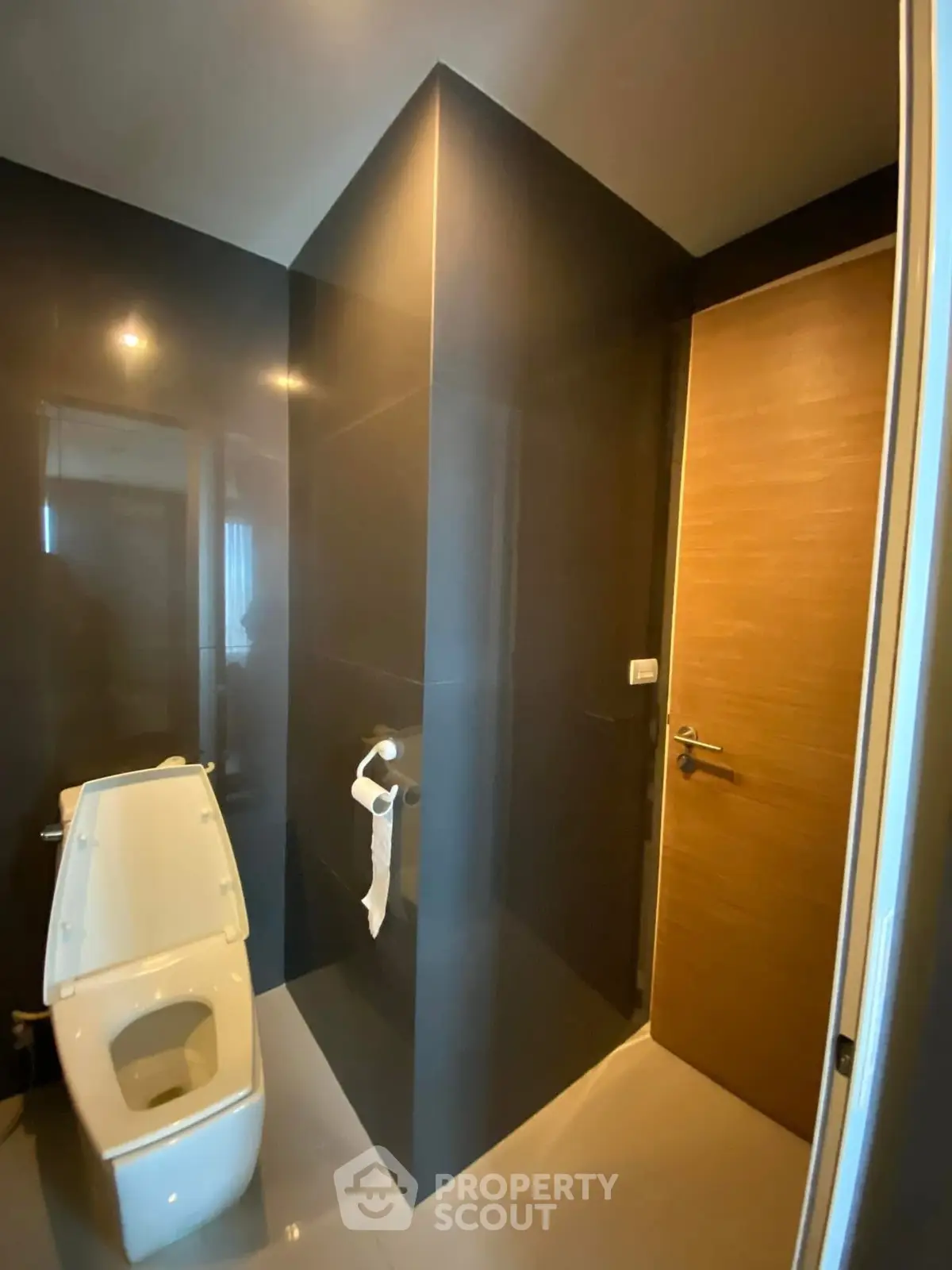 Modern bathroom with sleek design and wooden door