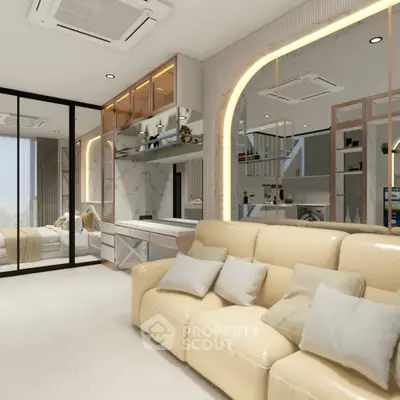 Luxurious modern living room with elegant decor and spacious design, featuring a cozy beige sofa and stylish mirrored accents.