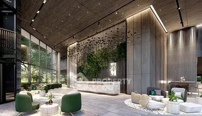 Luxurious modern lobby with elegant seating and greenery, perfect for upscale living.