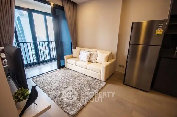 Modern living room with city view and sleek interior design