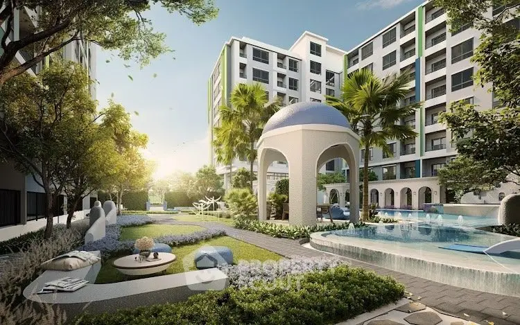 Luxurious garden view with modern architecture and serene outdoor seating area.