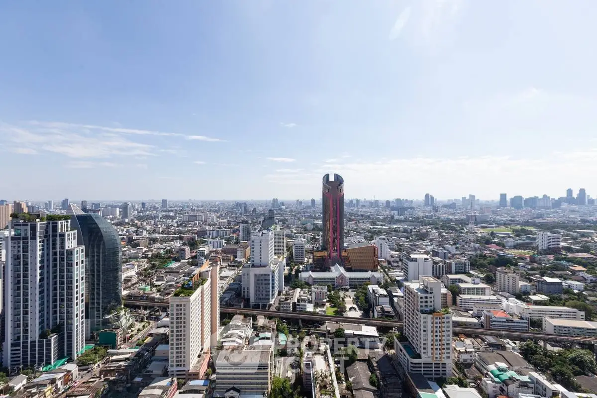 Stunning cityscape view showcasing modern skyscrapers and urban skyline under a clear blue sky.