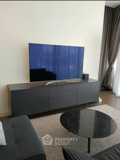 Modern living room with sleek TV stand and large flat-screen TV, elegant decor and natural light.