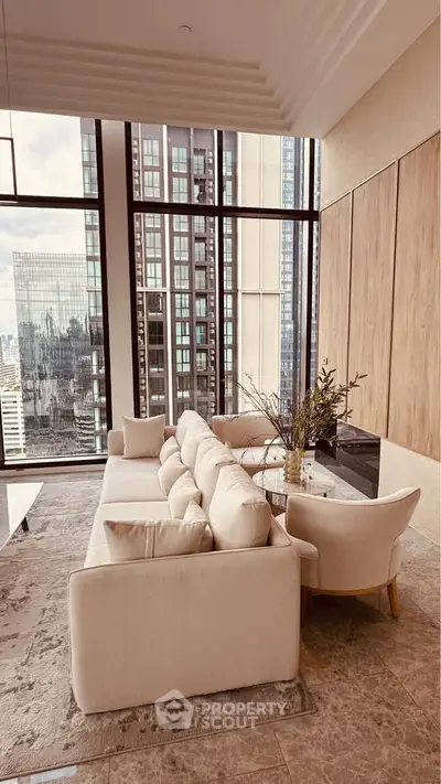 Luxurious living room with stunning city view and elegant furnishings