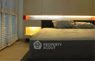 Modern bedroom with ambient lighting and large window blinds
