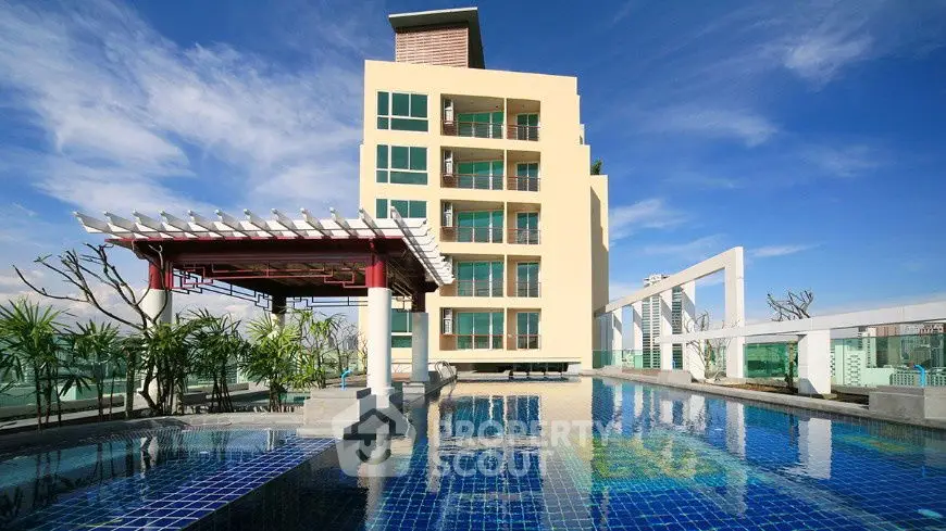Luxurious rooftop pool with stunning city views and modern building backdrop.