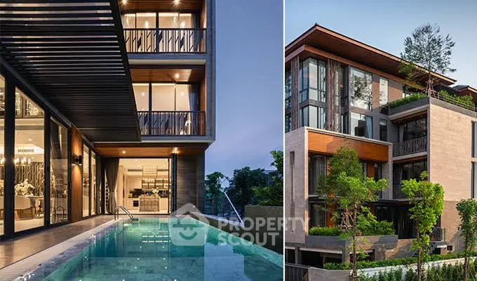 Luxurious modern home with sleek architecture and private pool, surrounded by lush greenery.
