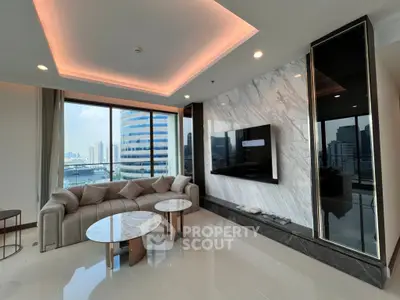 Luxurious living room with stunning city view and modern decor