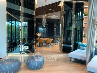 Luxurious modern living room with elegant decor and floor-to-ceiling windows
