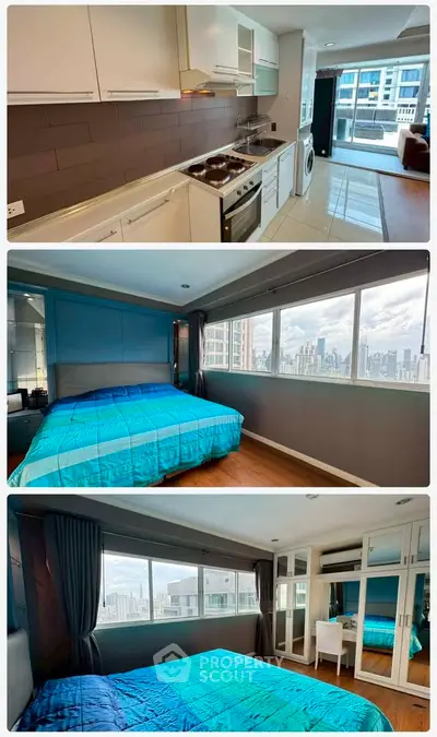 Modern apartment with sleek kitchen, cozy bedroom, and stunning city views.