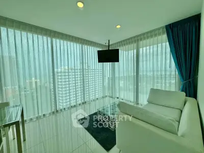 Modern living room with panoramic city view and sleek furnishings