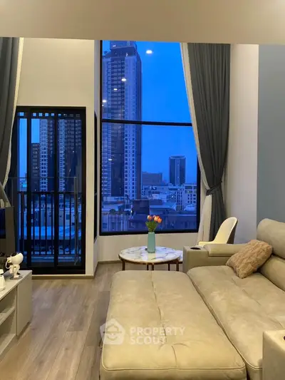 Modern living room with large windows showcasing stunning city view and elegant decor.