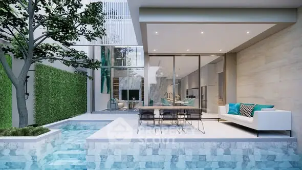 Luxurious modern patio with pool and stylish outdoor seating area