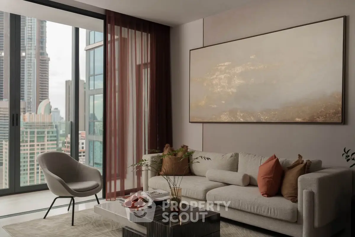 Luxurious living room with modern decor and stunning city view from large windows.