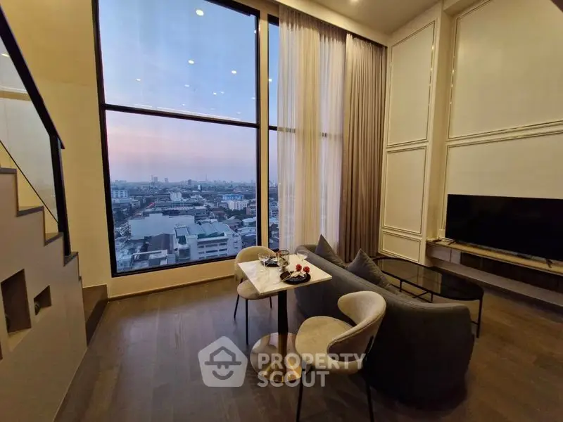 Luxurious living room with stunning city view and modern decor