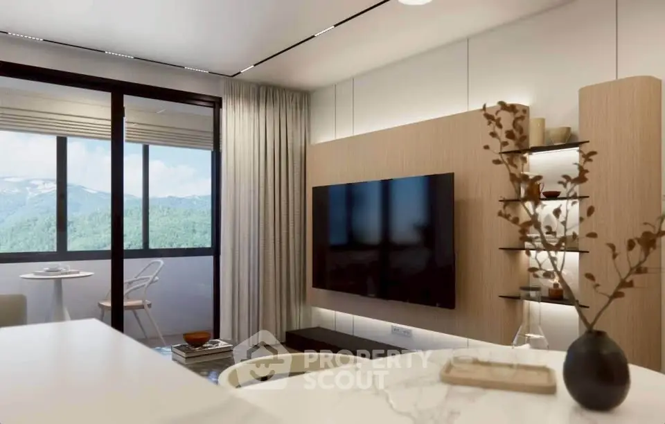 Modern living room with mountain view and stylish decor