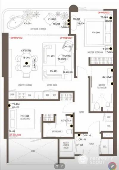 Modern apartment floor plan with spacious layout and outdoor terrace