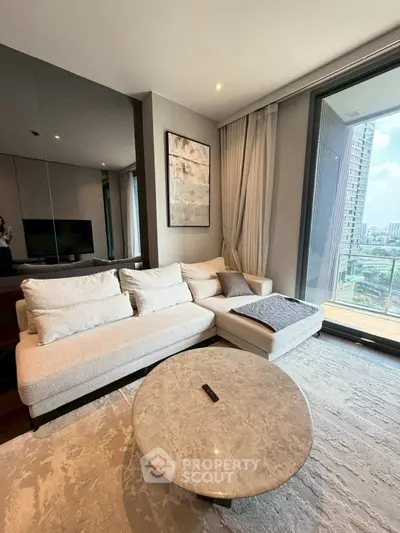 Modern living room with stylish sofa and city view balcony