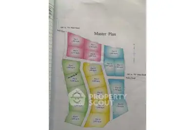 Master plan layout of residential plots with area measurements and road access.