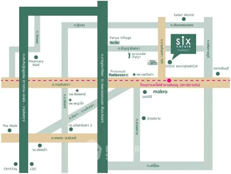 Map showing location of Six Nature Ramintra with nearby landmarks and roads.