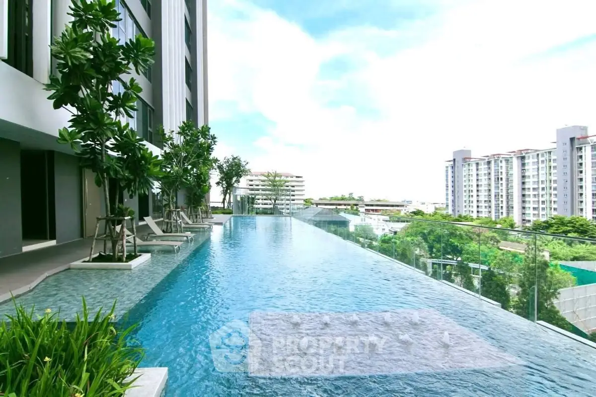 Luxurious infinity pool with stunning cityscape view in modern high-rise building.