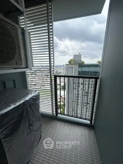 Modern balcony with city view, featuring sleek design and air conditioning unit, perfect for urban living.