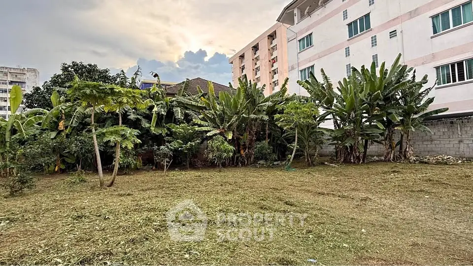 Spacious urban plot with lush greenery and adjacent residential building, ideal for development.