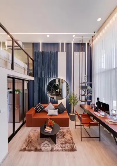 Modern loft-style living room with high ceilings and stylish decor