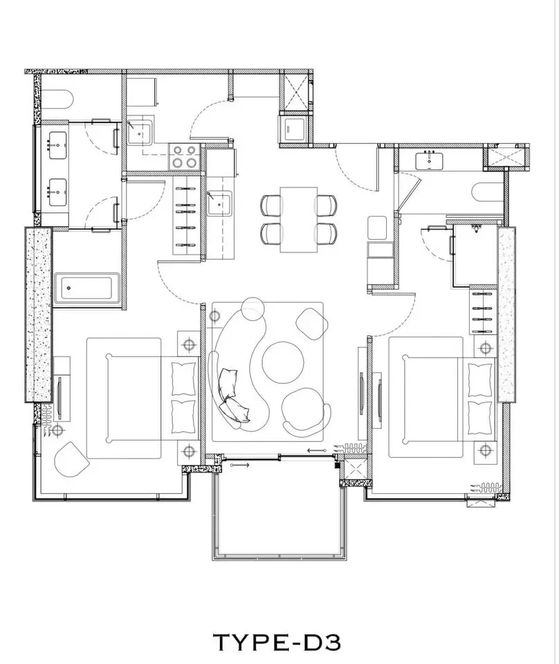 Spacious two-bedroom apartment floor plan with modern open layout and ample living space.