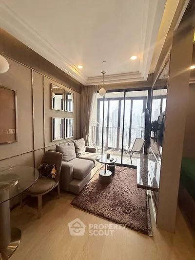 Luxurious living room with city view and modern decor in high-rise apartment