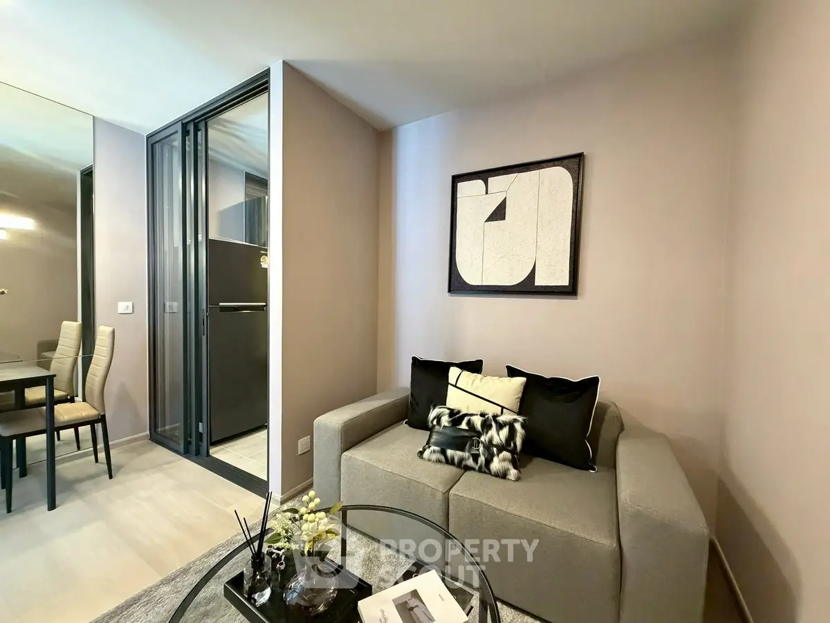 Modern living room with stylish decor and cozy seating area