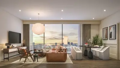 Luxurious modern living room with stunning city view and elegant furnishings.