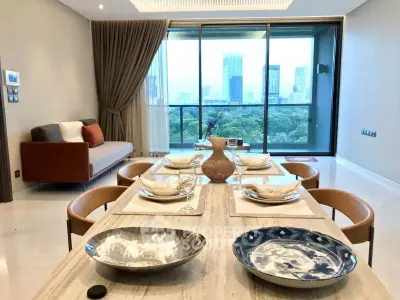 Luxurious dining area with stunning city view from high-rise apartment