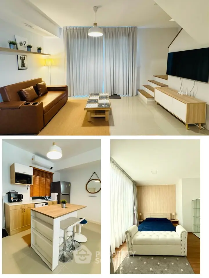 Modern living room with stylish kitchen and cozy bedroom in a contemporary apartment.