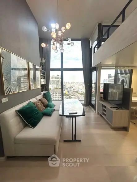 Luxurious modern living room with high ceilings and stunning city view, featuring elegant decor and ample natural light.
