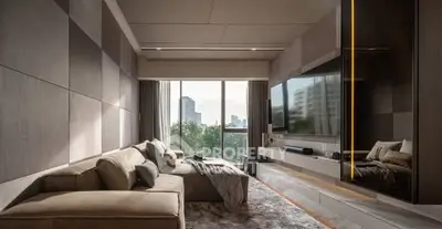 Luxurious modern living room with large TV and city view