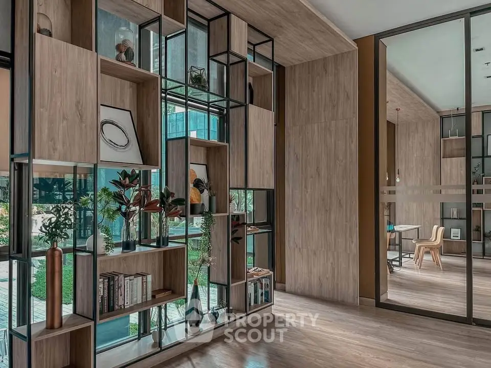 Modern interior with stylish shelving and wooden accents in a contemporary living space.
