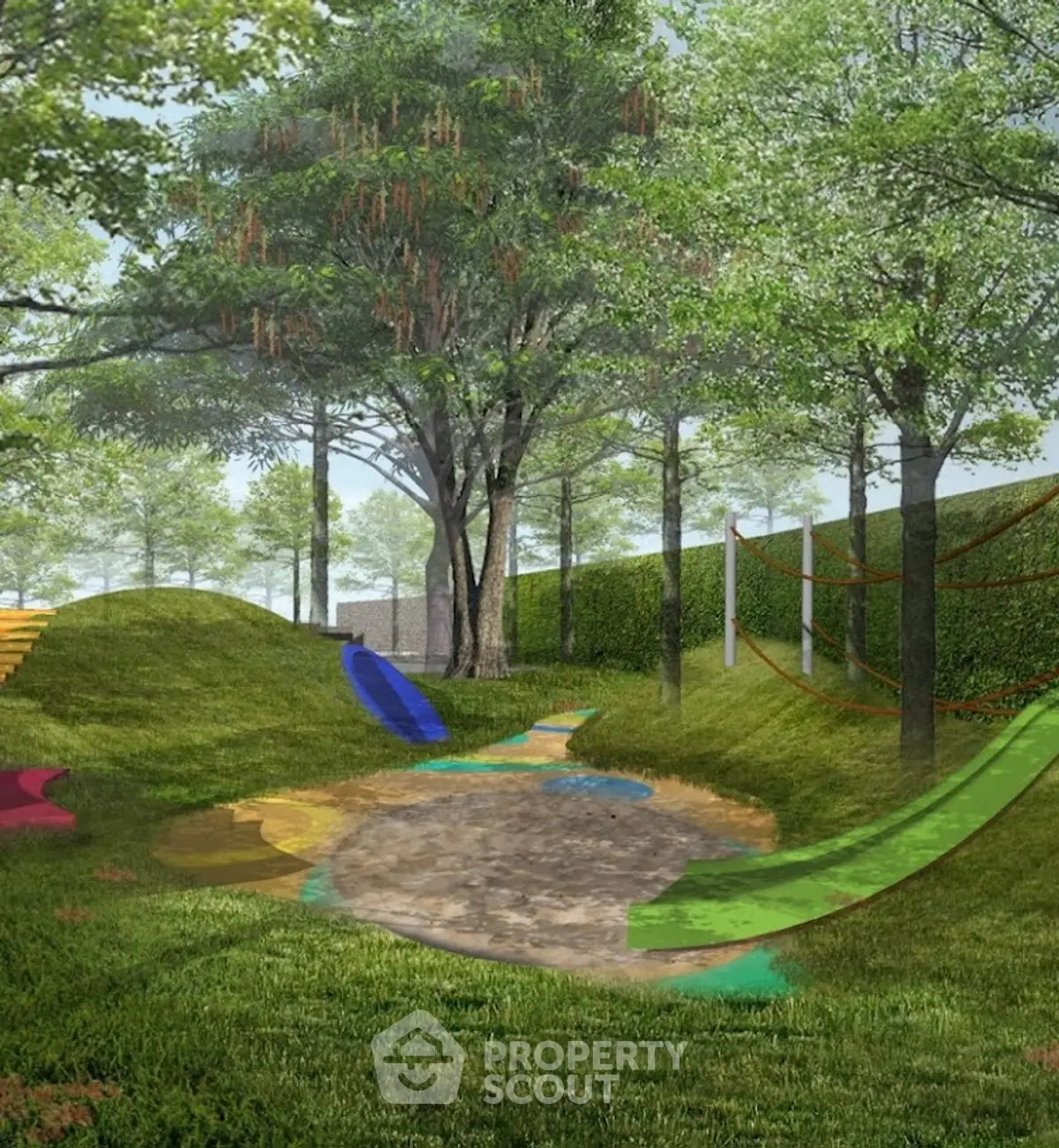 Lush landscaped garden with colorful play area and mature trees.